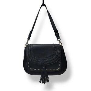 Antik Kraft Vegan Leather Studded Fringe Saddle Bag in Black